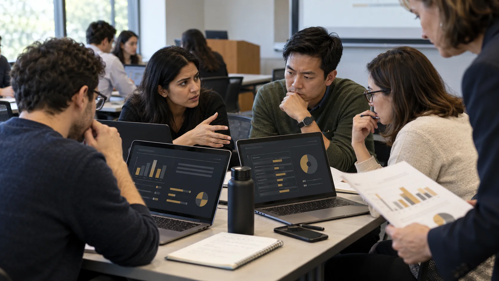 Learners discuss a decision around laptops during a classroom pilot, while a facilitator holds debrief notes
