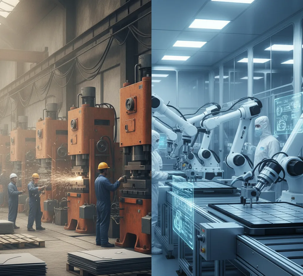 Traditional and automated manufacturing environments shown side by side